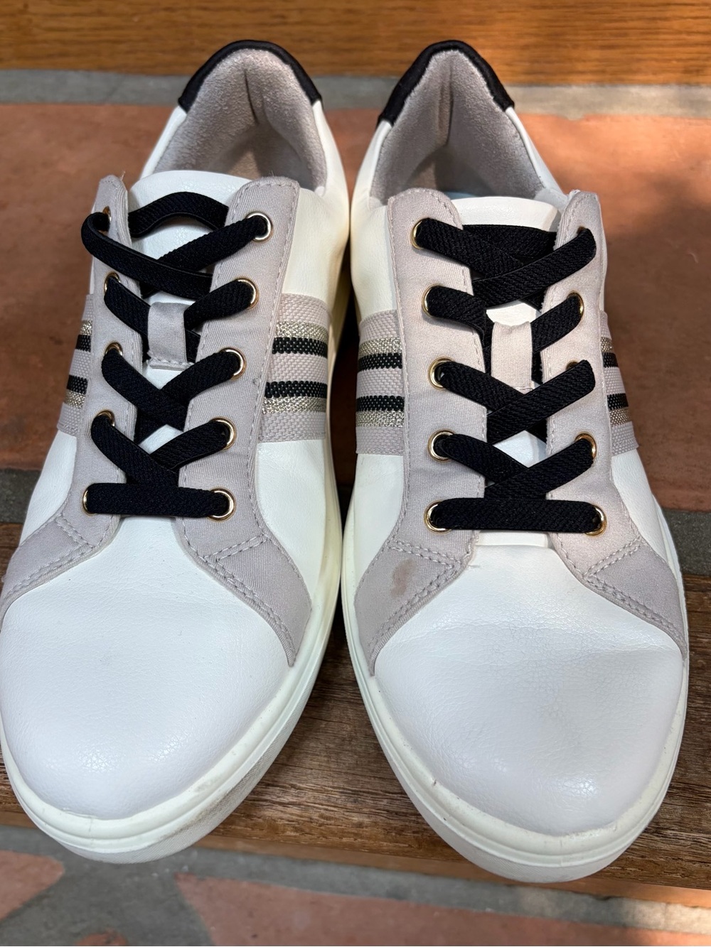 White Leather Sneakers with Black Laces and Taupe Accents